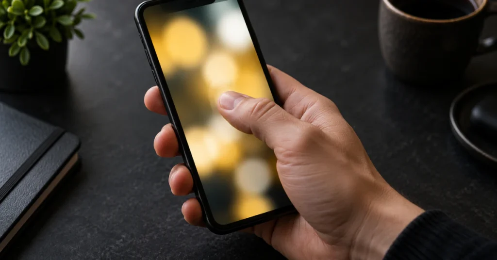 Thumb swiping up on a smartphone screen to open a story viewer list