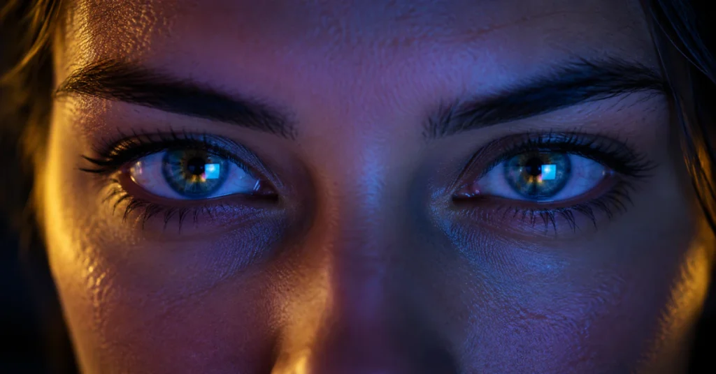 Close-up of eyes reflecting a phone screen, representing story rewatches