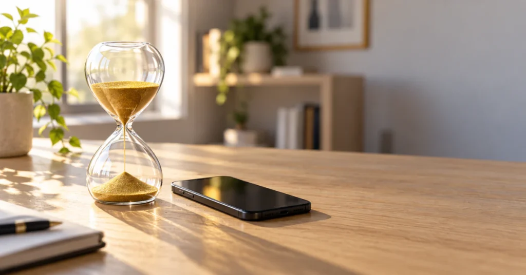 Hourglass beside a smartphone showing that stories expire after 24 hours