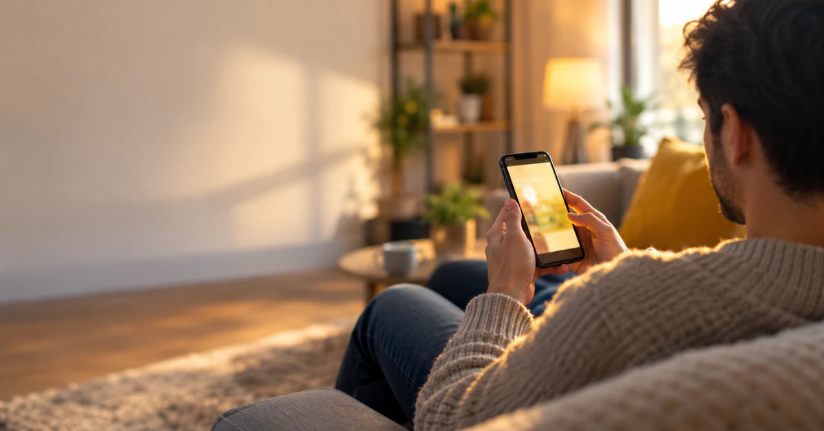 Person on a sofa holding a smartphone to check who viewed their Snapchat story